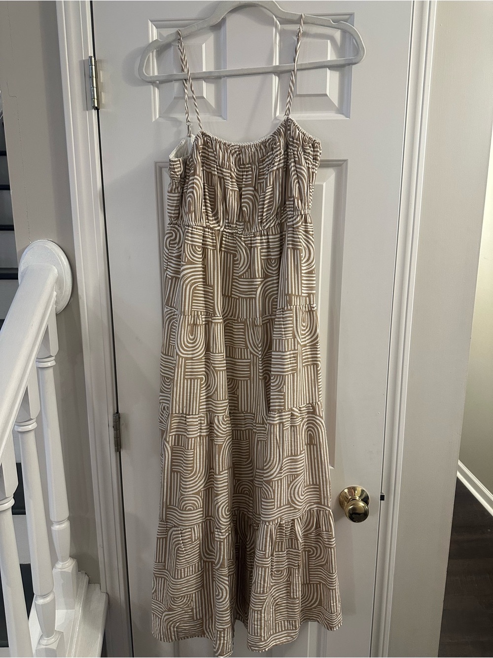 Blu Pepper Beige & White Geometric Tiered Maxi Dress